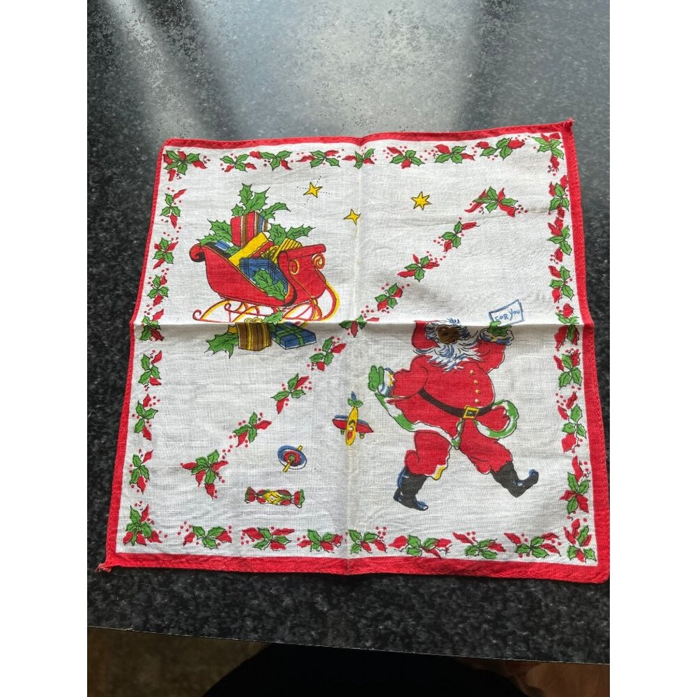 Vtg 1950's Christmas Black Santa "For You" Cotton Handkerchief Santa's Sled